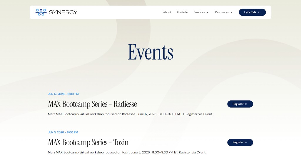 Synergy Aesthetics events page listing MAX Bootcamp sessions managed via Webflow CMS