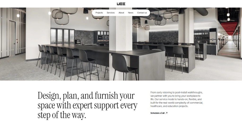 Union Office Interiors services section with the headline “Design, plan, and furnish your space with expert support every step of the way.” over a workplace kitchen photograph
